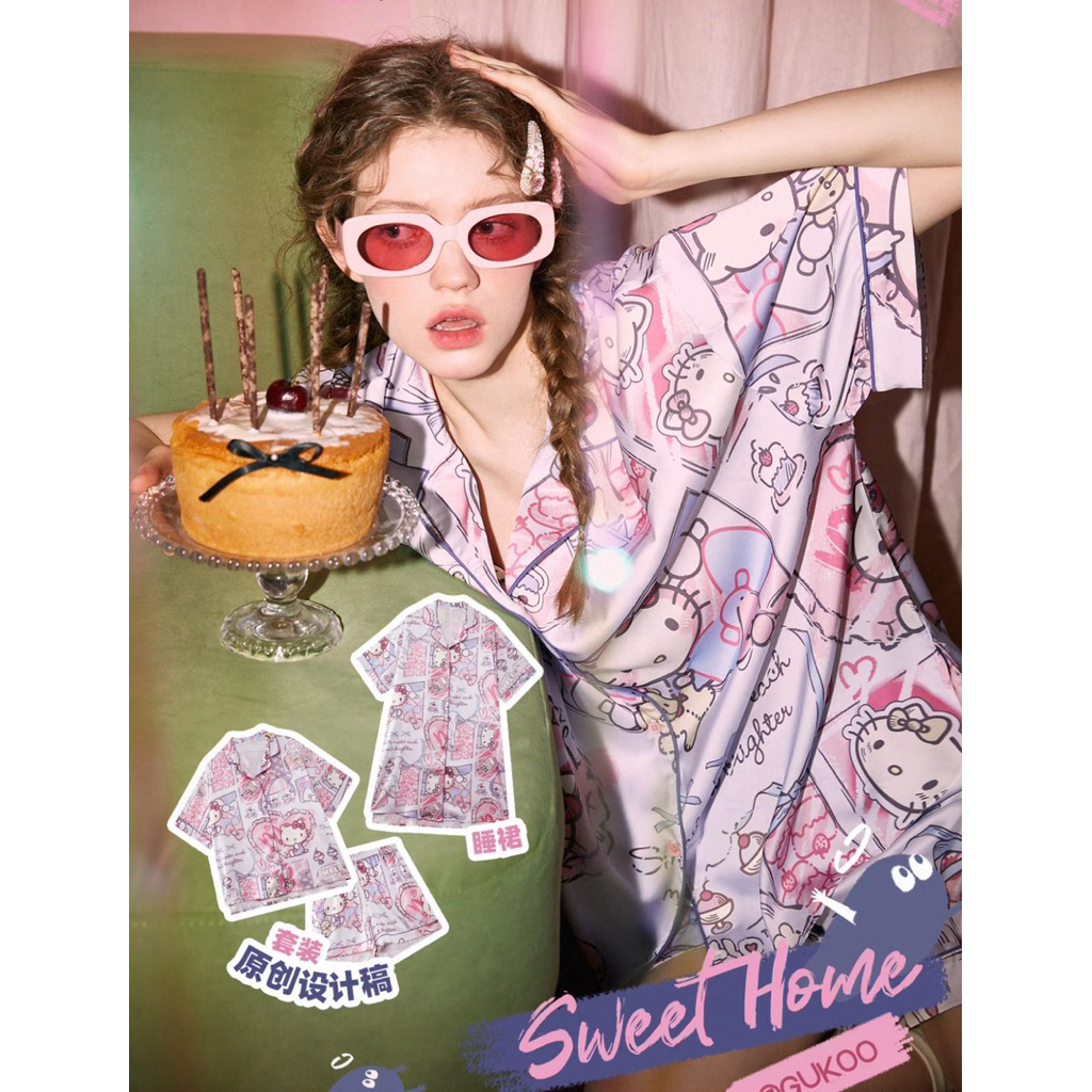 (ใช้โค้ดลดเหลือ 1,09x.-) Gukoo pajamas Hello Kitty🎀🍋 | ชุดนอนคิตตี้ลิขสิทธิ์แท้ ผ้าไหมอิตาลี่ พร้อมส
