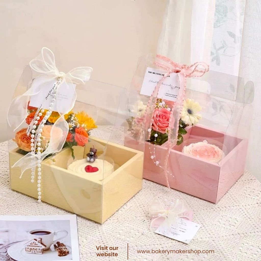 กล่องพลาสติกใส หูหิ้ว / กล่องเค้ก / กล่องดอกไม้ ฐานสีแดง,เหลือง,ชมพู 1 ใบ