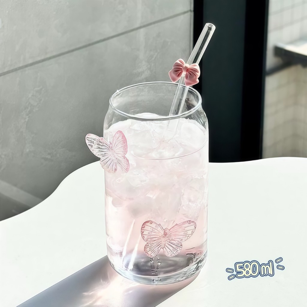 แก้วน้ำ แก้วกาแฟ 580 ml ผีเสื้อ ทนความร้อน พร้อมหลอด วัสดุแก้ว สไตล์เกาหลี พร้อมส่ง