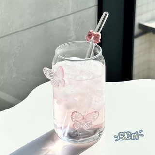 แก้วกาแฟ 300 ml ผีเสื้อ ทนความร้อน พร้อมหลอด วัสดุแก้ว สไตล์เกาหลี พร้อมส่ง