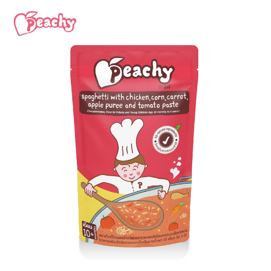 Peachy อาหารเสริมสำหรับเด็ก รสสปาเก็ตตี้ไก่ผสมข้าวโพดแครอทแอปเปิลบดและมะเขือเทศบด 1 ถุง (R29)