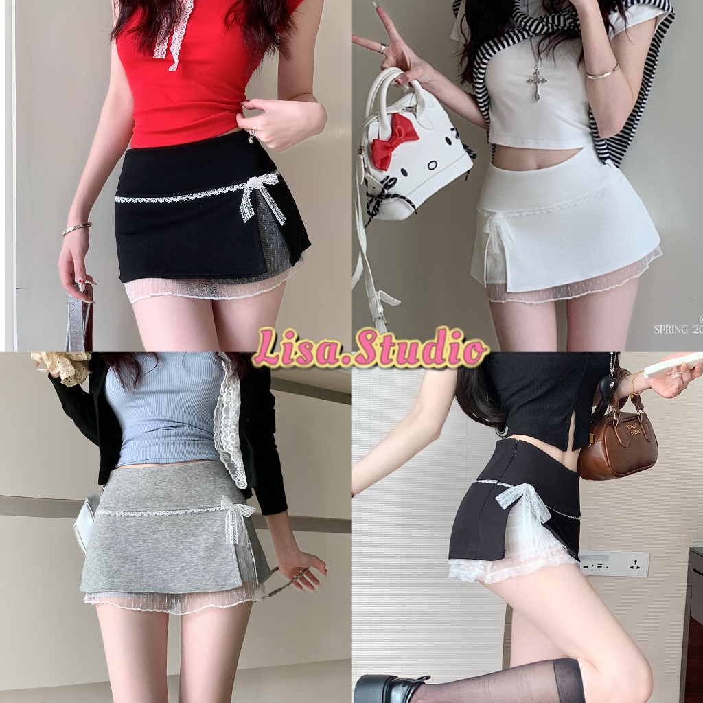 Lisa พร้อมส่ง🍋กระโปรงสั้น กระโปรงมินิ แต่งลูกไม้ ติดโปว์ ทรงเอ ทรงรัดรูป มีซับใน สีพื้น ผ้ายืด สุดฮิด Y2K แฟชั่นผู้หญิง