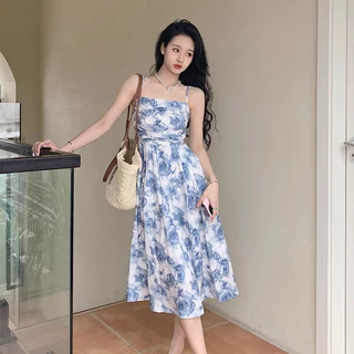 ชุดเดรสยาวผู้หญิง ฟ้า ไปทะเล แขนกุด ยาวน่ารักๆ สไตล์เกาหลี ทรงเอ รูปแบบดอกไม้ ใส่ไปทะเล