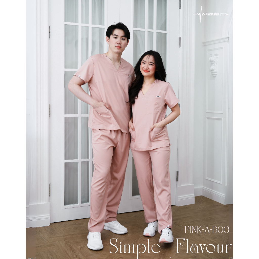 ชุดสครับขาตรง กางเกงทรงสุภาพ (ปักชื่อ) Scrubs STAT รุ่น Simple Flavour Collection Pink-a-boo