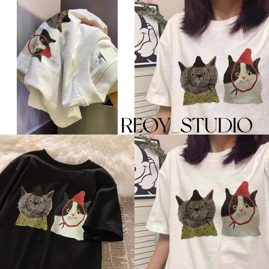 (จัดส่งตลอด 24 ชั่วโมง）REOY_STUDIO คณะกรรมการฮัน แขนสั้น เสื้อยืด หลวม มากเกินไป แมว พิมพ์ ด้านบน
