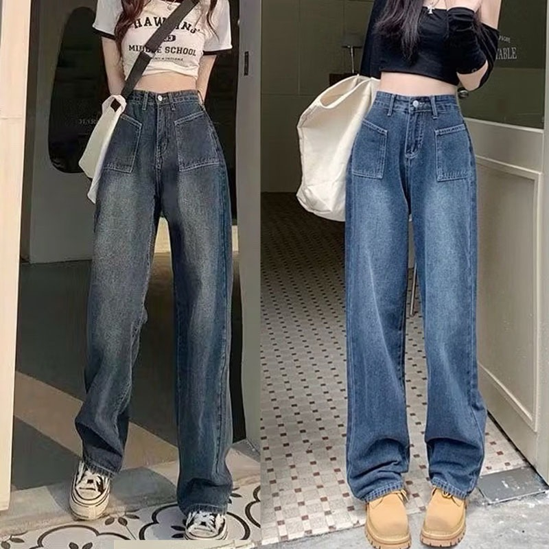 พร้อมส่ง S-12XL กางเกงยีนส์ขายาวเอวสูง เอวสม็อคใส่สบายไม่อึดอัด ผ้านิ่มทรงสวย