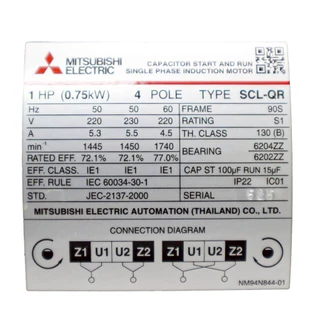 MITSUBISHI มอเตอร์ไฟฟ้า Motor มิตซูบิชิ 220V รุ่น SCL-QR 1 HP 1แรงม้า (0.75 กิโลวัตต์) 4P แกนเพลา 19 มม.