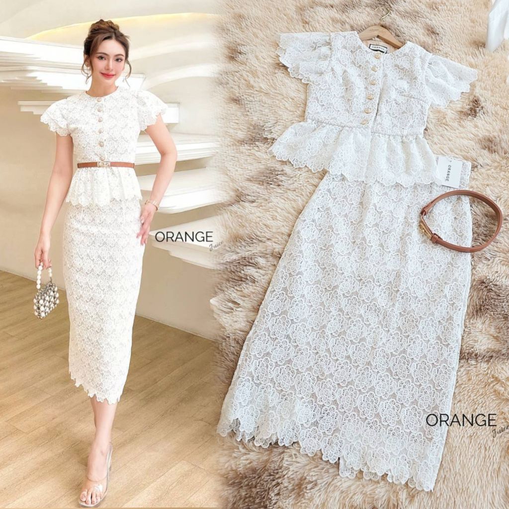 ครบไซซ์ S-5XL❗ชุดเซ็ตลูกไม้ขาว Set3ชิ้น เสื้อสีขาวกระดุมหน้า+กระโปรงทรงสอบผ้าลูกไม้+เข็มขัด งานป้าย Orange Juice