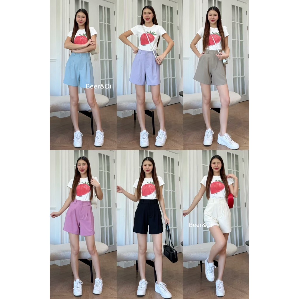 L0022  Beer&Oil กางเกงขาสั้นเอวสูง ผ้าไมลี่งานตะขอหน้า แต่งหูเข็มขัด