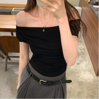 พร้อมส่งในไทย**เสื้อยืดแขนสั้นเปิดไหล่ เสื้อสีพื้นผู้หญิง ผ้านิ่มใส่สบาย Y236