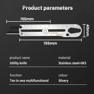 15.5mm สแตนเลสคัตเตอร์ ที่ตัดกระดาษ 10 In 1 Ftions Snap Off ใบมีด ที่เปิดขวด ไม้บรรทัด มีดคัตเตอร์อย่างดีอเนกประสงค์