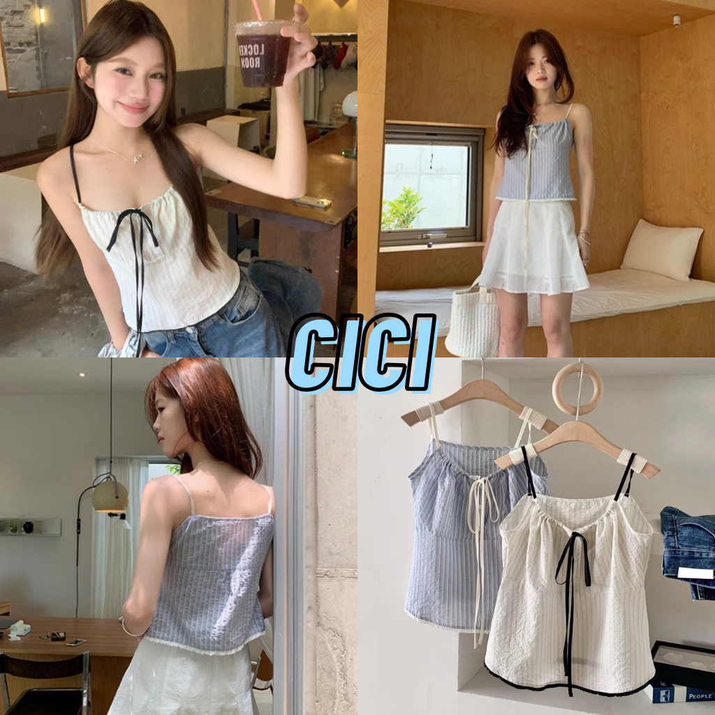ส่งทันที Cici(NO.  J2176) เสื้อสายเดี่ยวลายทาง ผ้าฝ้าย มีกระดุมหน้าเชือกรูดได้ สไตล์มินิมอล