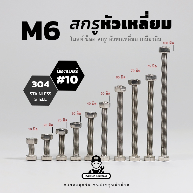 [TPC] สแตนเลส 304 สกรูหัวเหลี่ยม M6 น็อตเบอร์ 10 เกลียว 1.0 นอตหัวเหลี่ยม  | แถมฟรี หัวนอตและแหวนรอง