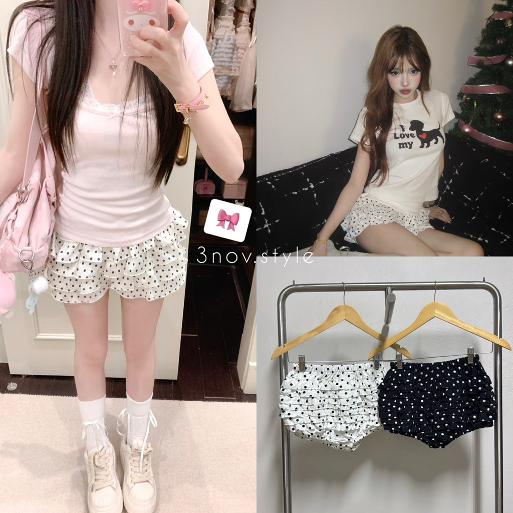 mini polka dots shorts : กางเกงขาสั้นลายจุด ติดระบาย 7 ชั้น ราคา ถูกที่สุด ดีลบีเคเค