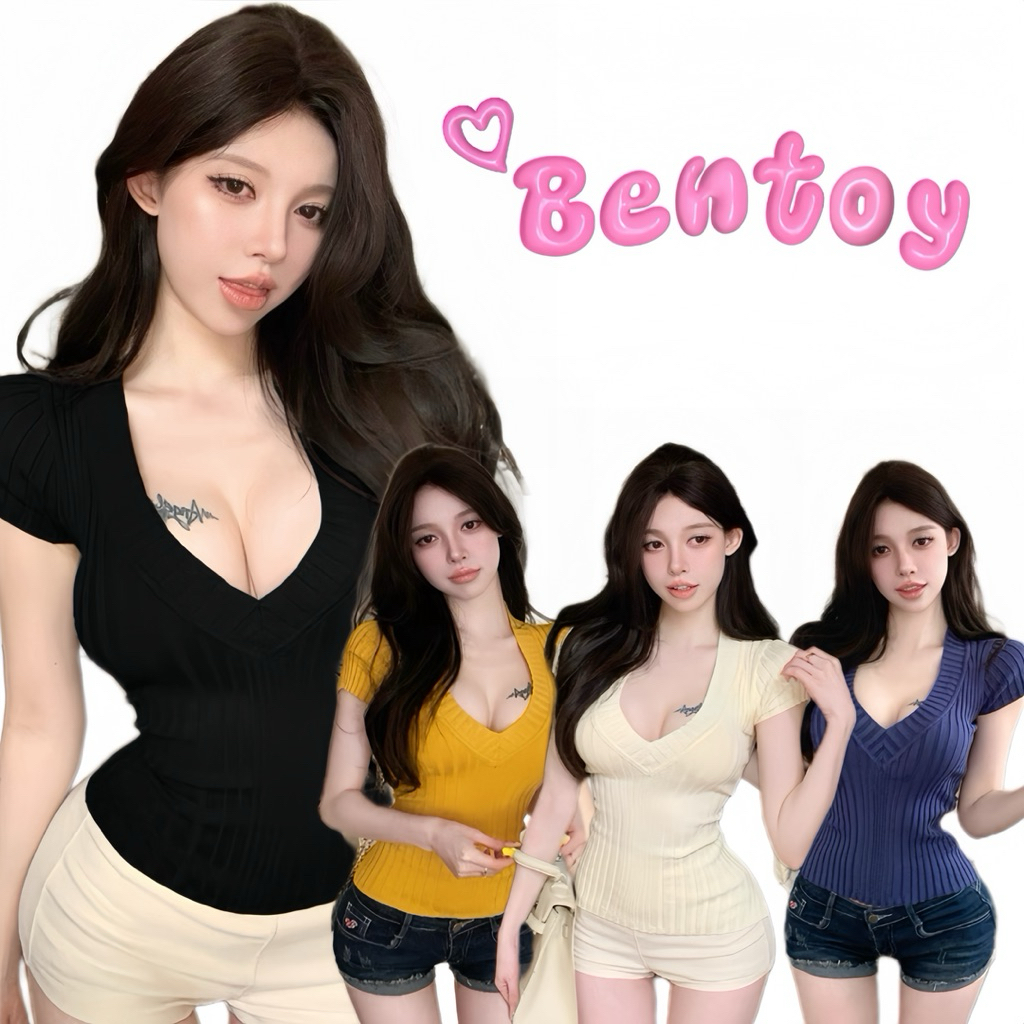 Bentoy(U150)เสื้อยืดแขนสั้นไหมพรม คอวีลึก ผ้านิ่มยืดได้เยอะ ใส่สบาย เข้ารูป