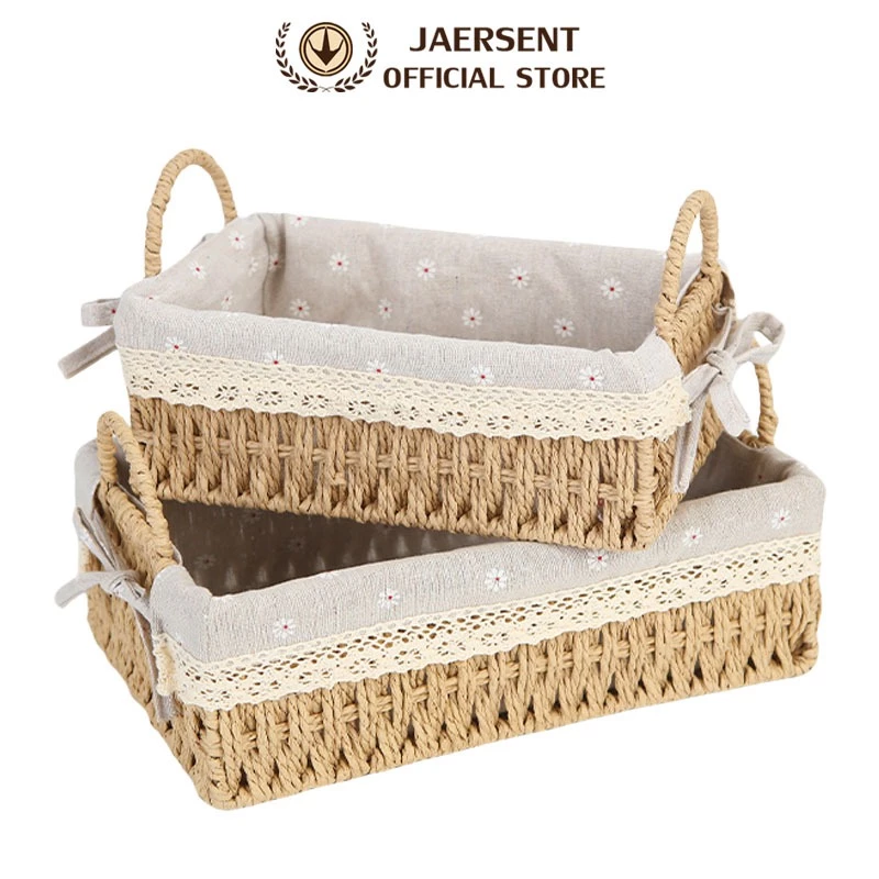 JAERSENT ตะกร้าผ้าทอมือ ตะกร้าเก็บเครื่องสําอาง ตะกร้าเก็บเดสก์ท็อป กล่องผ้า พร้อมที่จับ