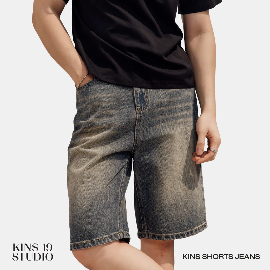KINS | กางเกงยีนส์ขาสั้นผู้ชาย F115 ทรงตรง ใส่ง่าย ผ้านุ่ม สีเฟดวินเทจ มีให้เลือก 3 สี
