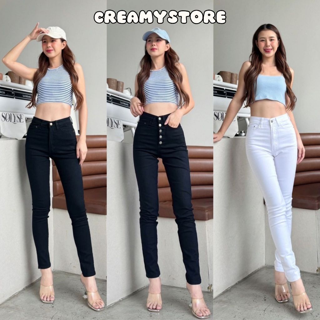 Creamystore กางเกงยีนส์ขาเดฟเอวกลาง สีขาว ดำ ผ้ายืด ป้ายyam jeans Skinny Jeans