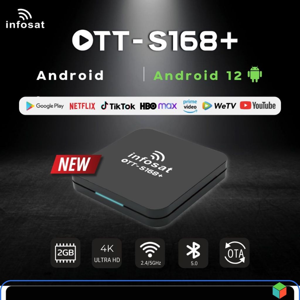 กล่องทีวีอินเตอร์เน็ต INFOSAT S168 Android 12 Wi-Fi 5 Ghz.  พร้อมแอพดูทีวี