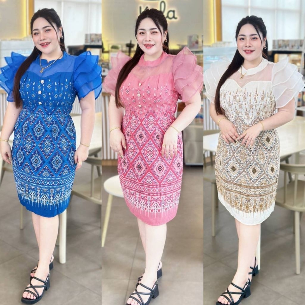 เดรสผ้าไทยประยุกต์แต่งแขนระบาย ใส่ออกงานบุญงานบวช งานพิธีการ งานแต่งทอดกฐิน