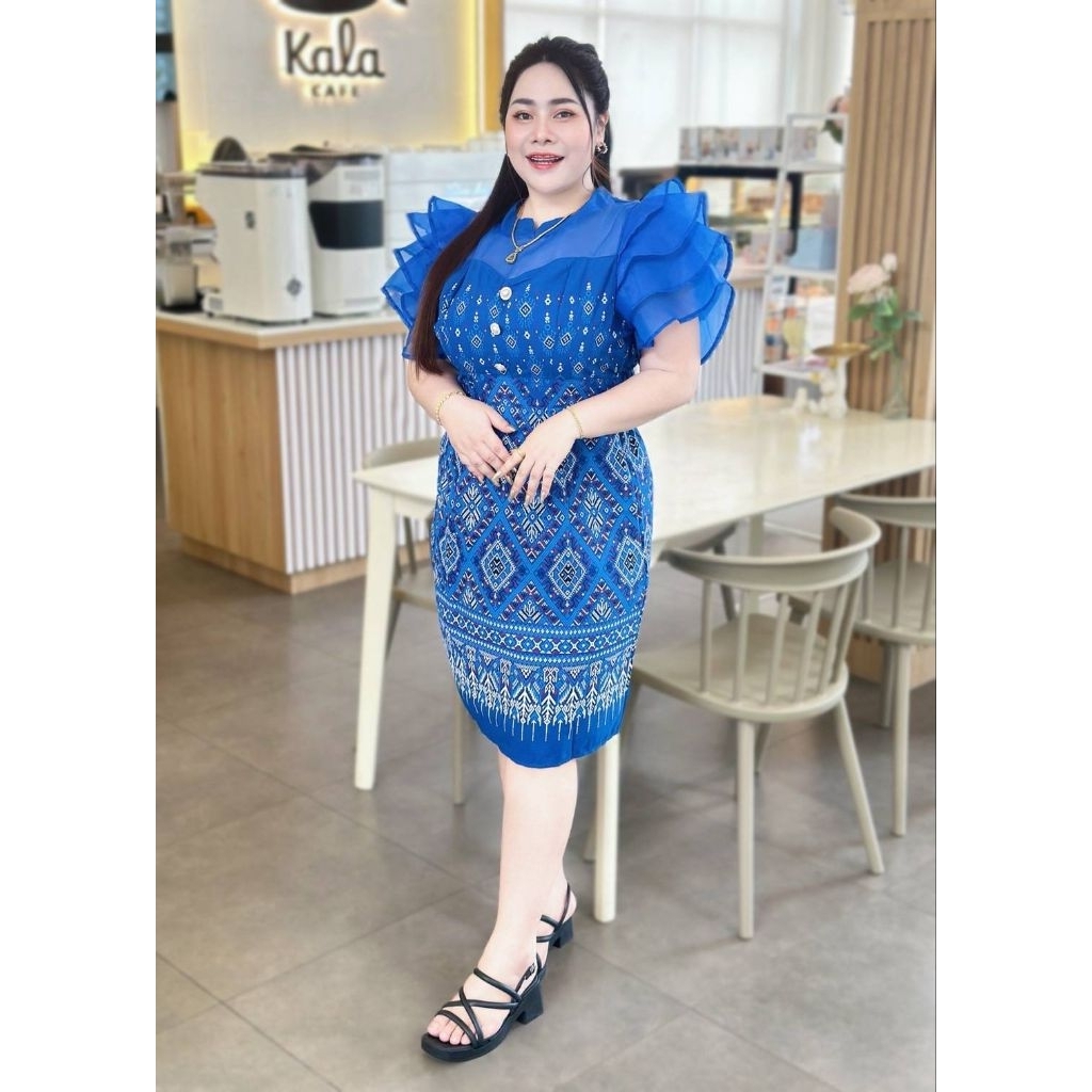 เดรสผ้าไทยประยุกต์แต่งแขนระบาย ใส่ออกงานบุญงานบวช งานพิธีการ งานแต่งทอดกฐิน - รูปที่ 7