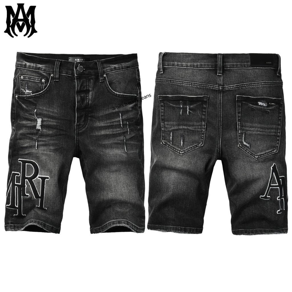 Amiri กางเกงขาสั้นยีนส์ปักโลโก้สำหรับผู้ชาย กางเกงขาสั้นสีดำคลาสสิกคุณภาพสูง