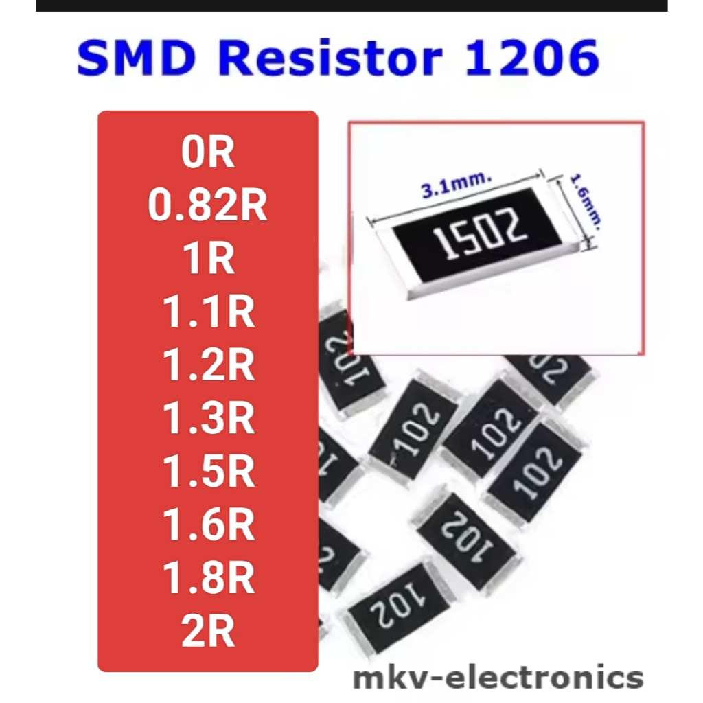 (1206) 0R 0.82R 1R 1.2R 1.3R 1.5R 1.6R 1.8R 2R  SMD Resistor 3.1x1.6mm. 1/4watt