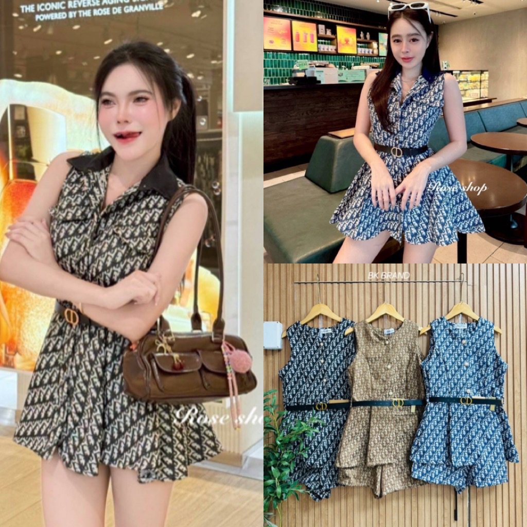 มินิเดรช*เข็มขัด ชุดเช็ตกางเกง เนื้อผ้าทอลายชุดเช็ตเรียบหรู