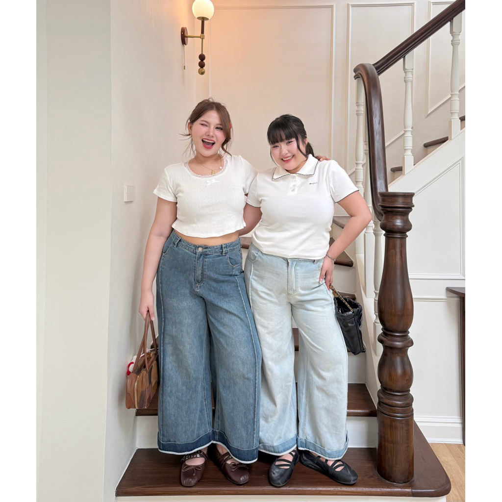 Weekend Wide jeans 🦮🥤 กางเกงยีนส์ขากว้าง แต่งปลายขา 30-42 (B0042) - Merrychubbyhouse