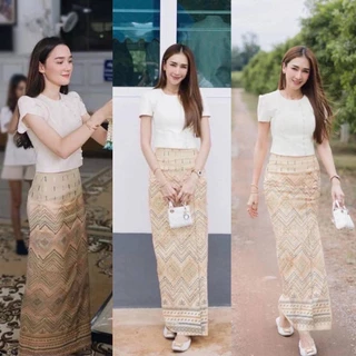 S-XXL ชุดไทยใส่ทำบุญ เสื้อ+ผ้าถุง โทนสีครีม ,ชมพู,ฟ้า,ขาว,เขียว #CHERISH #เสื้อลิซ่า #ชุดไทยดาราใส่