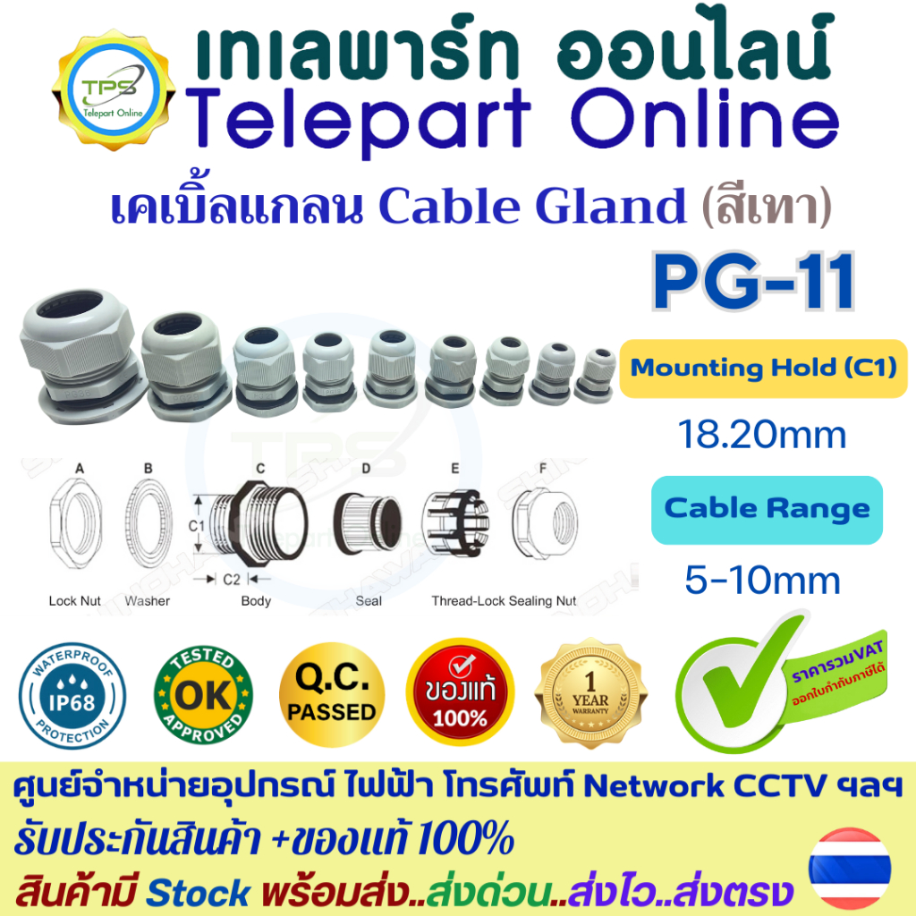 เคเบิ้ลแกลนPG11 สีเทา กันน้ำ IP68 กันฝุ่น Cable Gland ข้อต่อร้อยสายไฟเข้ากล่องควบคุม ตู้ไฟ เกรดไนล่อน PA66 ทนอุณหภูมิสูง