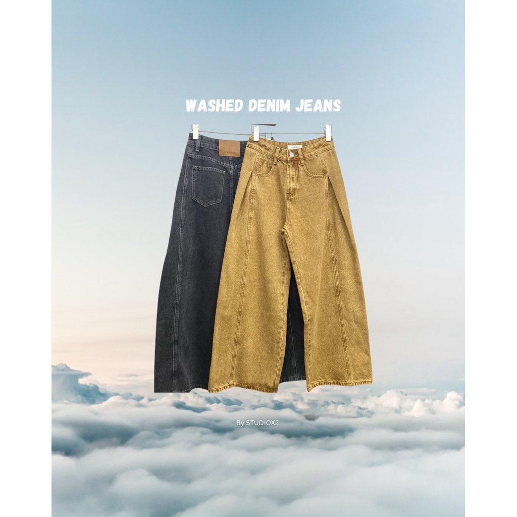 9911-7 STUDIOX2 WASHED TWIST DENIM PANTS 🤎🖤(SMLXLXXL 690฿) กางเกงยีนส์ฟอก ทรงแบคกี้ จับจีบข้างตัว ทร