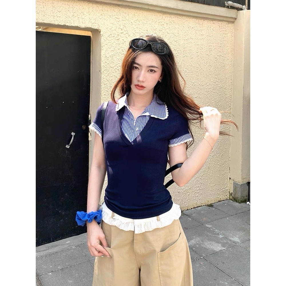 ส่งทันที Cici(NO. Y6337)เสื้อแขนสั้นผ้ายืด ดีเทลเย็บ2ชั้น คอปกลายตาราง ซิปหน้ารูดได้ สไตล์น่ารักวินเทจ - รูปที่ 3