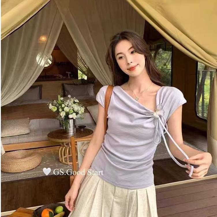 Gamin-0738 เสื้อไหมพรมแขนสั้น เสื้อแขนสั้นเปิดไหล่ แต่งเชือกผีเสื้อทรงสวยเรียบหรู (X018)
