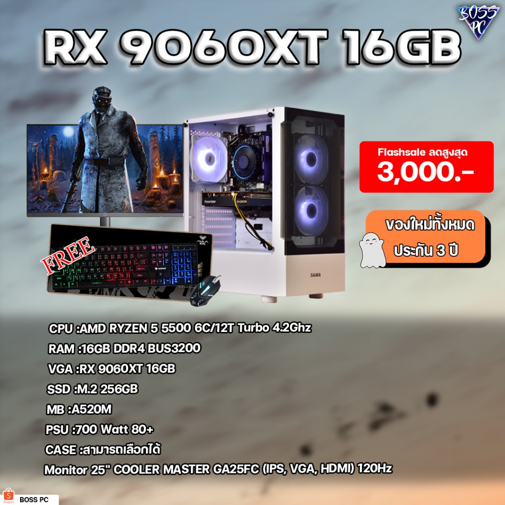 BOSSPC / AMD RYZEN 5 5500 / 16GB DDR4 BUS3200 / RX 9060XT 16GB / M.2 256GB / Monitor 25" COOLER MAST