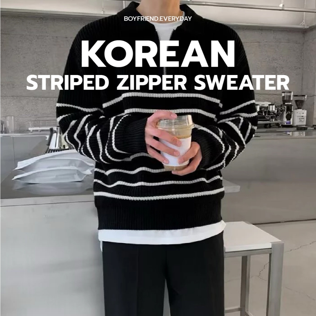 KOREAN STRIPED ZIPPER SWEATER เสื้อสเวทเตอร์ไหมพรมคอปกซิป