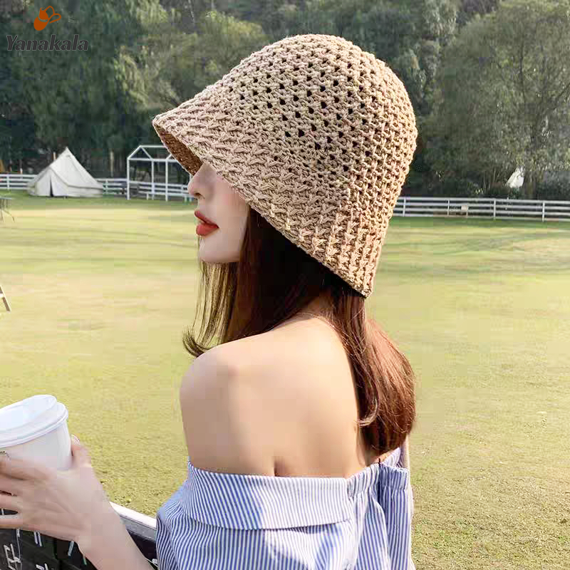 ส่งเร็ว หมวกสานทรง หมวกบัคเก็ต ฤดูร้อน แฟชั่น กันแดด ﻿หมวกกันยูวี ผู้หญิง เหมาะสำหรับ วันหยุดพักผ่อน/ริมทะเล-Yanakala