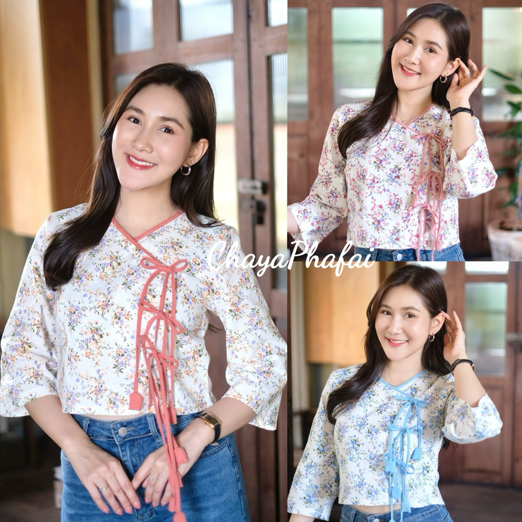 เสื้อคอกลมป้ายข้างแขนสามส่วนผูกโบว์ รุ่นยิปโซ