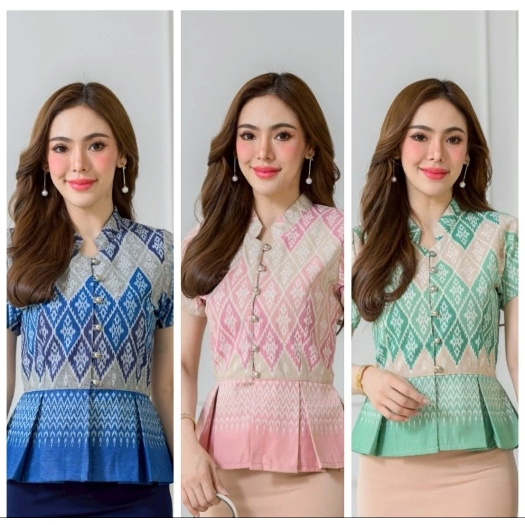 เสื้อผ้าฝ้ายคอจีนลายผ้าไทยเอวจีบ