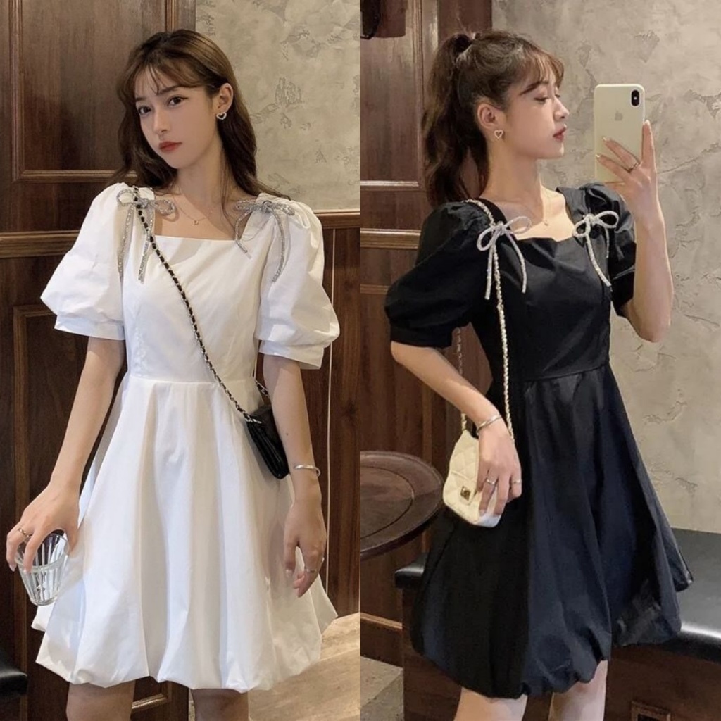 Blossom Closet🥤เดรสโบว์ กระโปรงทรงเอ แขนพอง คอเหลี่ยม ทรงสั้น