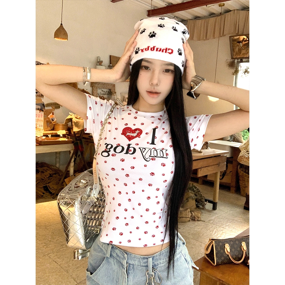 เสื้อยืด เสื้อยืดผู้หญิง ลายอักษร ลายหมา สไตล์สาวฮอต#2354