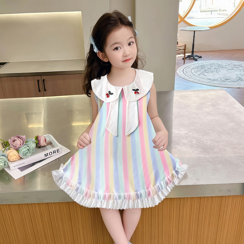 1-11 ปี แฟชั่นฤดูร้อนชุดเดรสน่าสวยๆเหมาะสำหรับลูกสาว แขนกุด คอปกปักลายเชอร์รี่