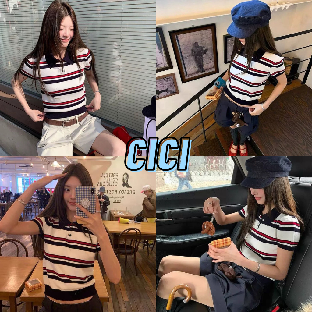 เสื้อไหมพรมโปโลคอปกทรงวินเทจ Cici (NO. A2806) ลายทางดำแดง แขนสั้น กระดุมแกะได้ ส่งไว