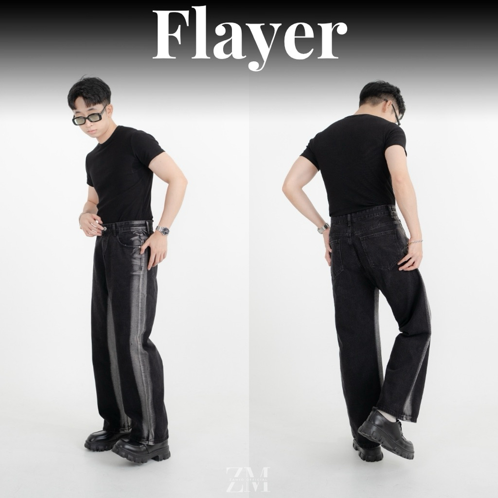 FLAYER JEANS กางเกงเอวสูงทรงกระบอกใหญ่