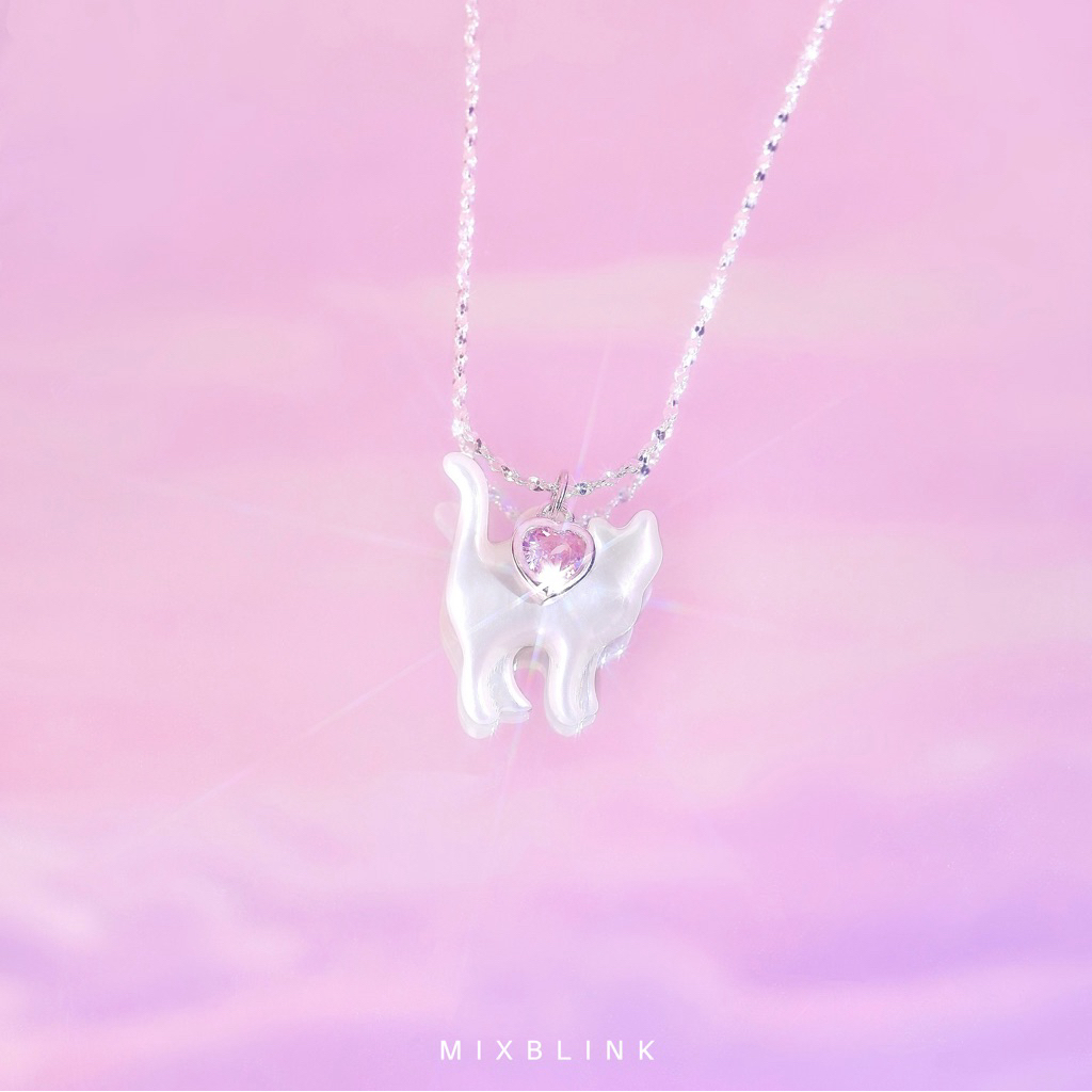 สร้อยคอ เงินแท้ 92.5% ส่งฟรี EMS ♡ รุ่น Catlina ♡ - ( #G15 ) แมว เปลือกหอยมุก หัวใจชมพู หวาน น่ารัก MixBlink