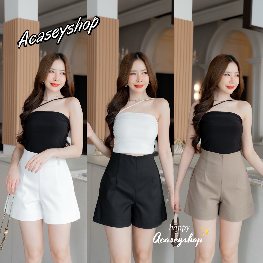 Acasey กางเกงขาสั้นผู้หญิง ผ้าดับเบิ้ล งานซิฟหลัง ขอบหลบ ตีเกล็ดหน้า แต่งกระเป๋า2ข้างใช้งานจริง ไซส์ S - XL