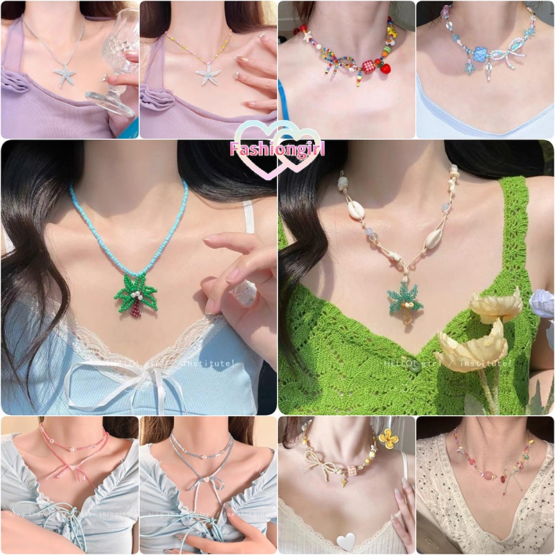 Fashion girl🌊🌊สไตล์เกาหลี สร้อยไปทะเล สร้อยคอลูกปัด พร้อมจี้ เครื่องประดับแฟชั่น สำหรับผู้หญิง