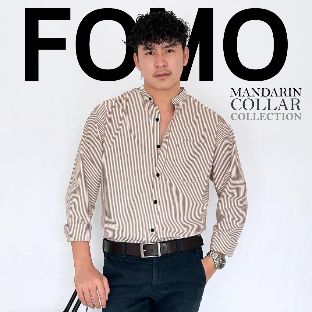 FOMO-เสื้อเชิ้ตคอจีนลายทาง สีน้ำตาล เสื้อเชิ้ตคอจีน เสื้อคอจีน