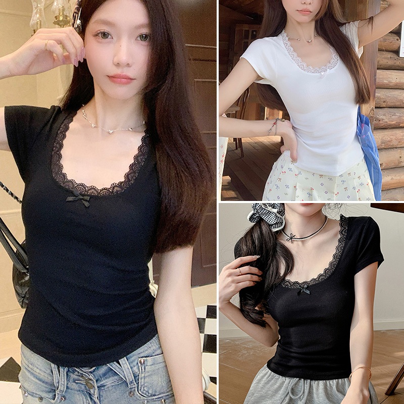 พร้อมส่ง✨เสื้อยืดแขนสั้น เสื้อลูกไม้ ทรงเข้ารูป คอกลมลายลูกไม้สีขาวสำหรับผู้หญิง y2kเสื้อครอปทรงเข้ารู (สีดำ/สีขาว）