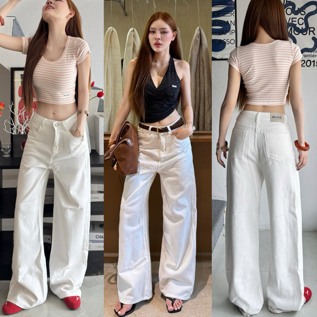 Queen Jeans กางเกงยีนส์ขากระบอกใหญ่สีขาว